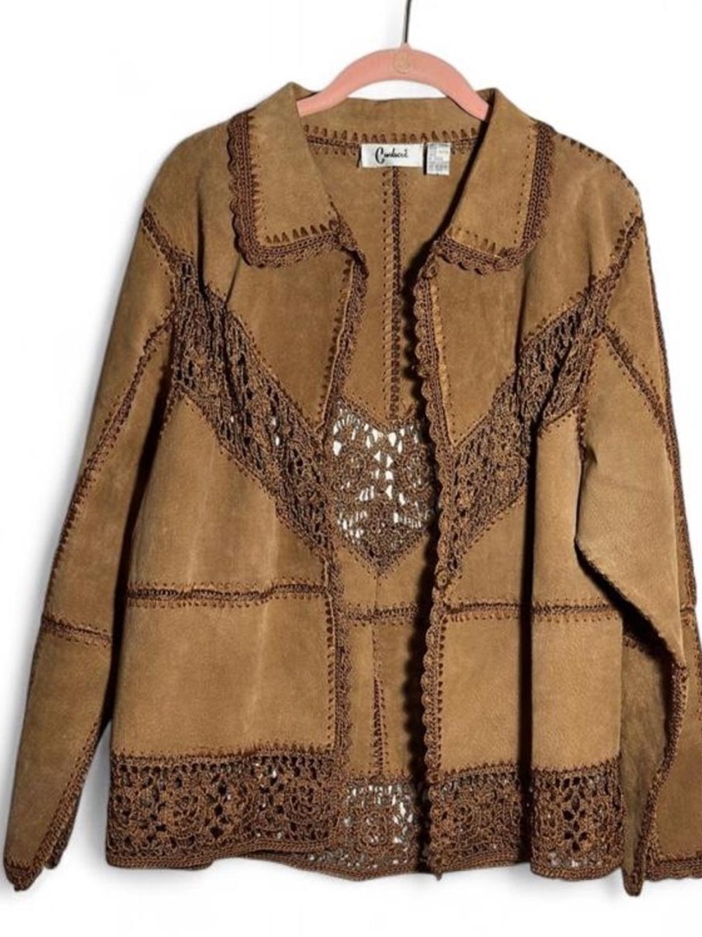 Vintage Carducci 100% Suede Leather Crochet-Trim Jacket Boho Western Medium
